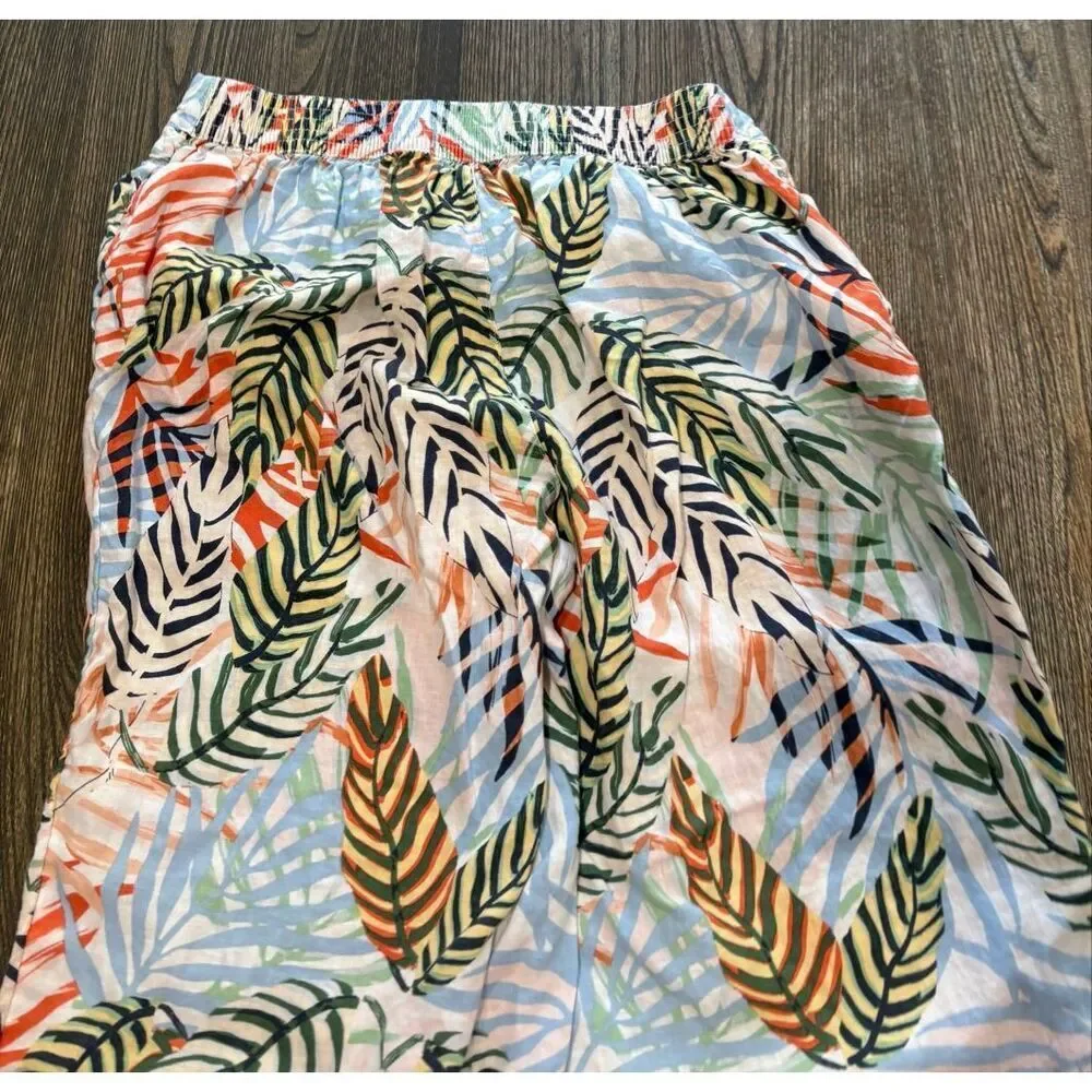 Tahari Womens Linen Pants Wide Leg Tropical Leaf Print Multicolor Plus Size 1X